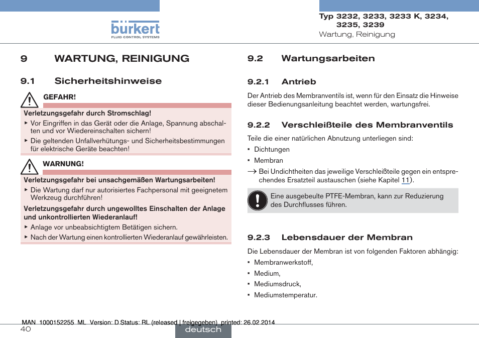 9 wartung, reinigung, 1 sicherheitshinweise 9.2 wartungsarbeiten, 9wartung, reinigung | Burkert Type 3239 User Manual | Page 40 / 70