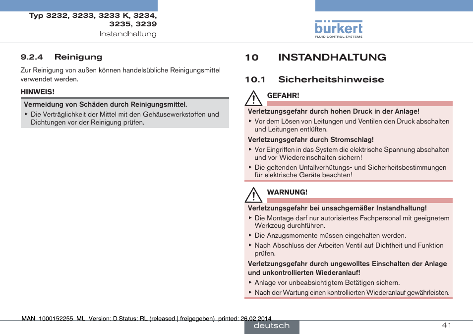 10 instandhaltung, 1 sicherheitshinweise | Burkert Type 3239 User Manual | Page 41 / 70