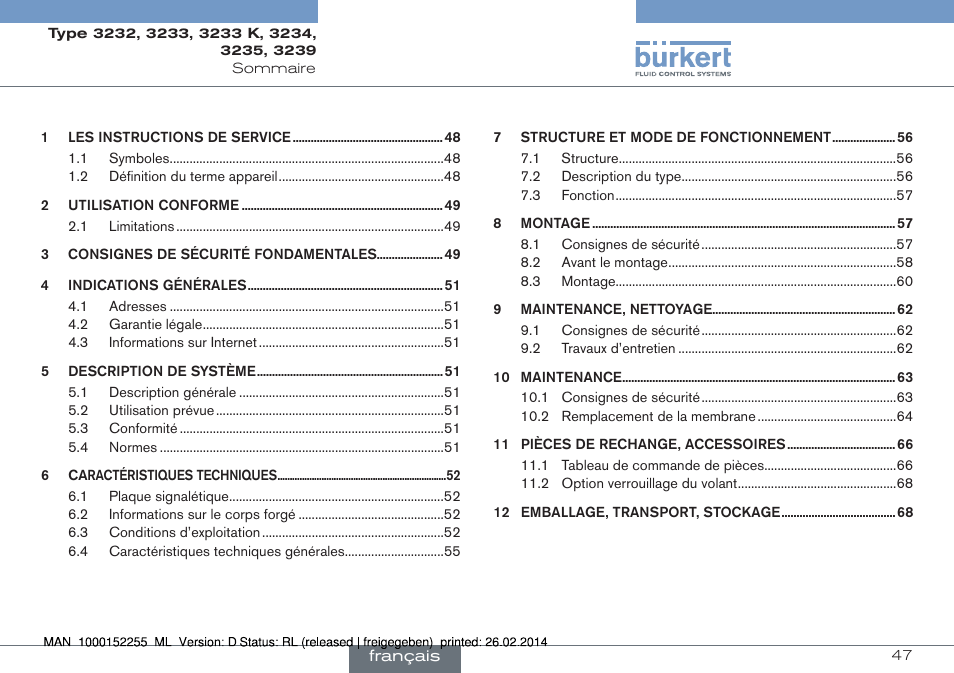 Français | Burkert Type 3239 User Manual | Page 47 / 70