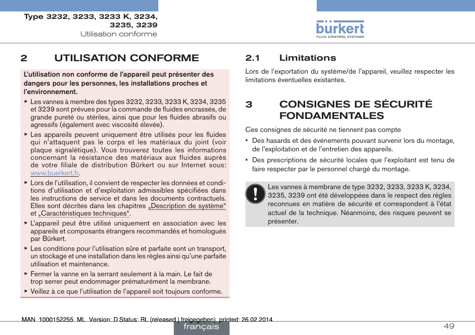 2 utilisation conforme, 1 limitations, 3 consignes de sécurité fondamentales | 2utilisation conforme, 3consignes de sécurité fondamentales | Burkert Type 3239 User Manual | Page 49 / 70