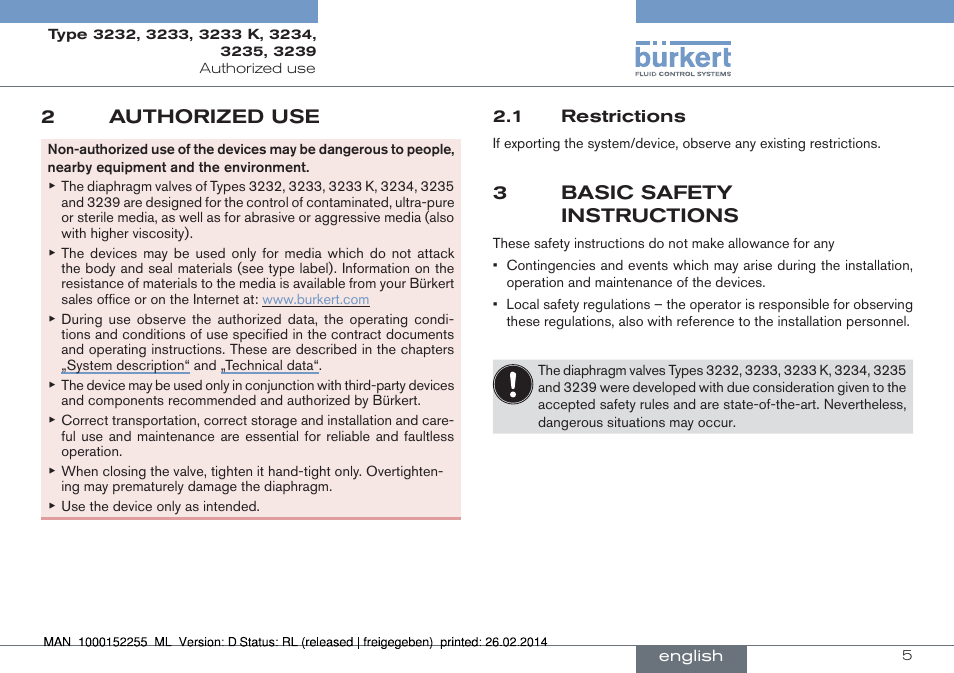 2 authorized use, 1 restrictions, 3 basic safety instructions | 2authorized use, 3basic safety instructions | Burkert Type 3239 User Manual | Page 5 / 70