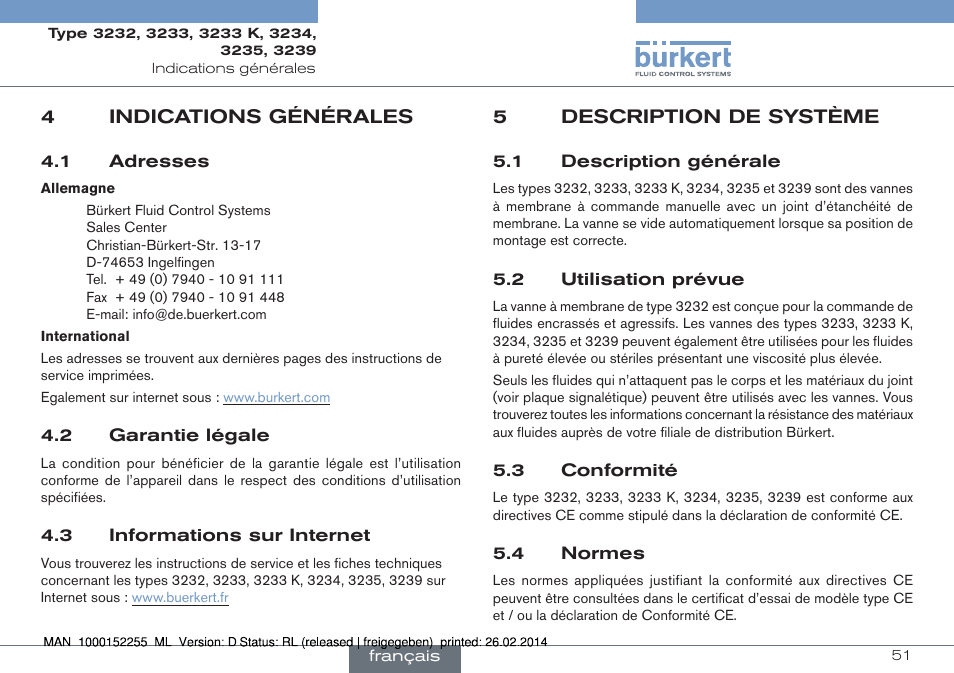 4 indications générales, 5 description de système | Burkert Type 3239 User Manual | Page 51 / 70