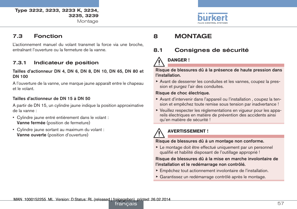 3 fonction, 8 montage, 1 consignes de sécurité | 8montage | Burkert Type 3239 User Manual | Page 57 / 70