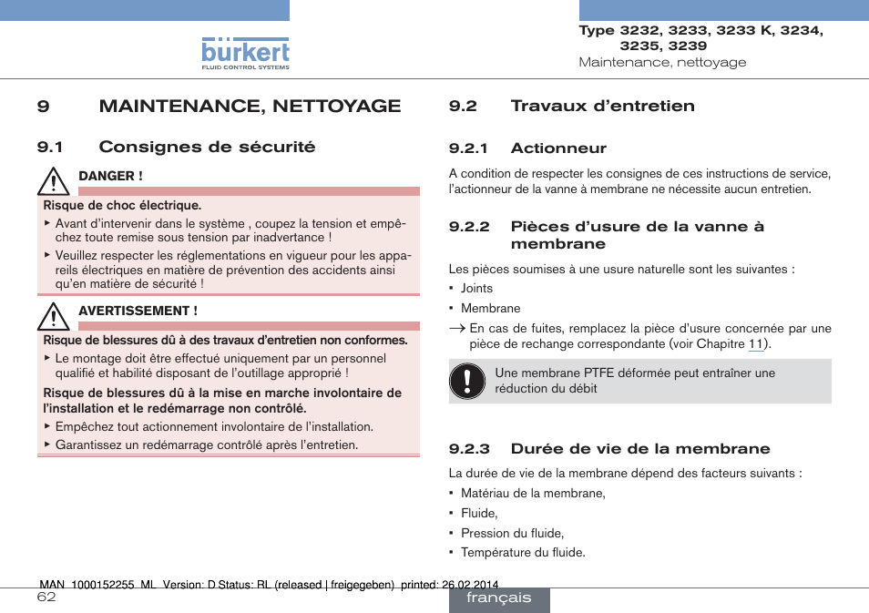 9 maintenance, nettoyage, 1 consignes de sécurité 9.2 travaux d’entretien, 9maintenance, nettoyage | Burkert Type 3239 User Manual | Page 62 / 70