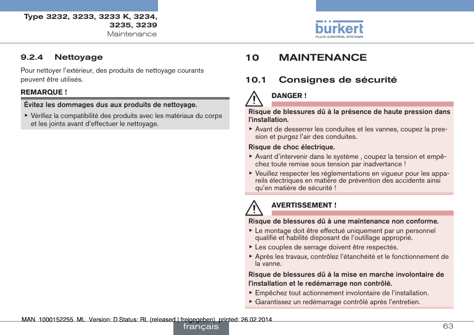 10 maintenance, 1 consignes de sécurité | Burkert Type 3239 User Manual | Page 63 / 70