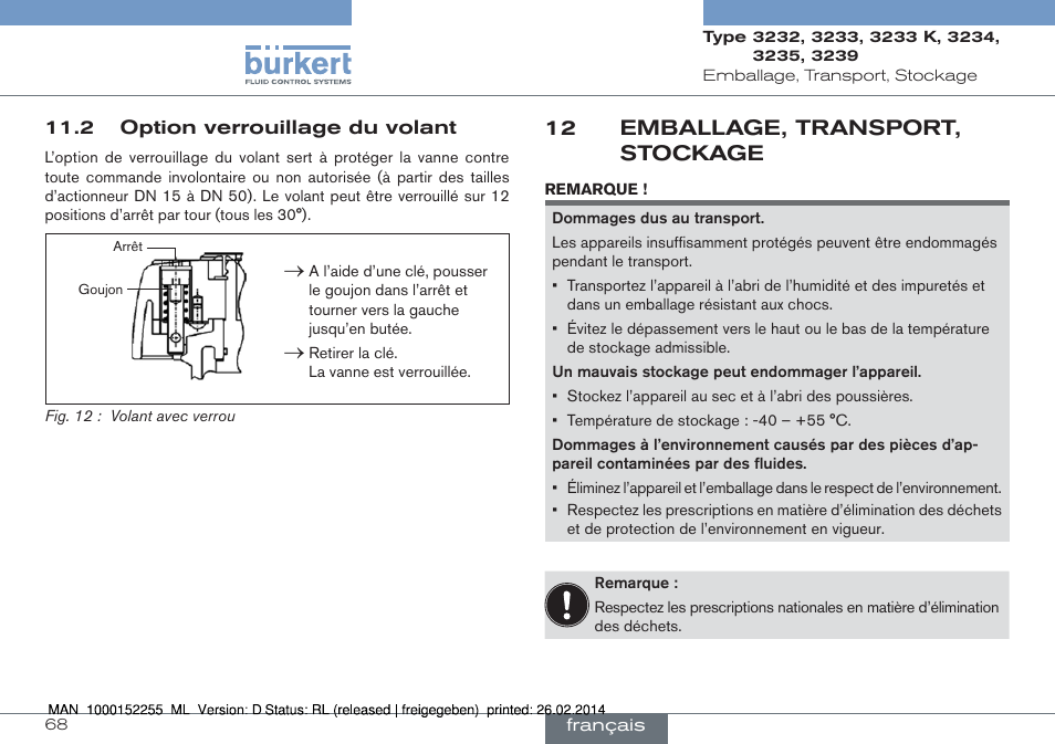 2 option verrouillage du volant, 12 emballage, transport, stockage | Burkert Type 3239 User Manual | Page 68 / 70