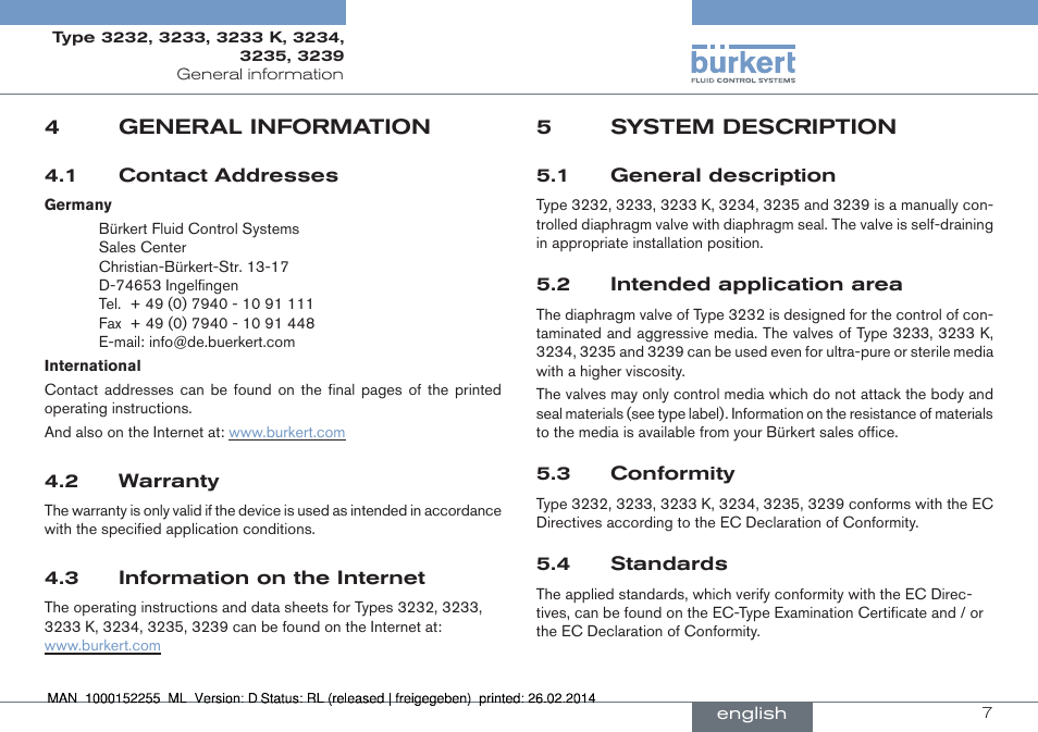 4 general information, 5 system description | Burkert Type 3239 User Manual | Page 7 / 70