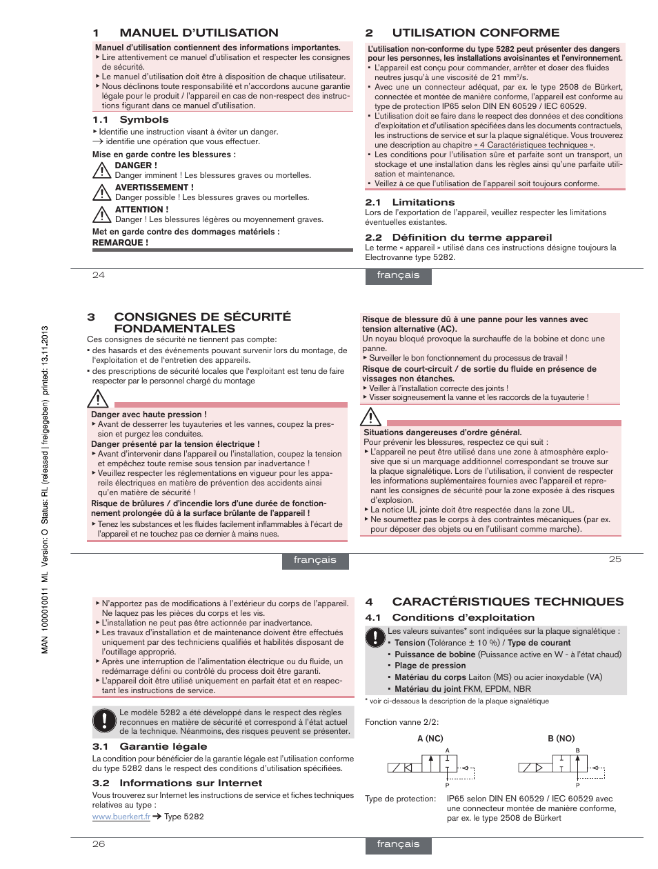 1manuel d’utilisation, 2utilisation conforme, 3consignes de sécurité fondamentales | 4caractéristiques techniques | Burkert Type 5282 User Manual | Page 12 / 15