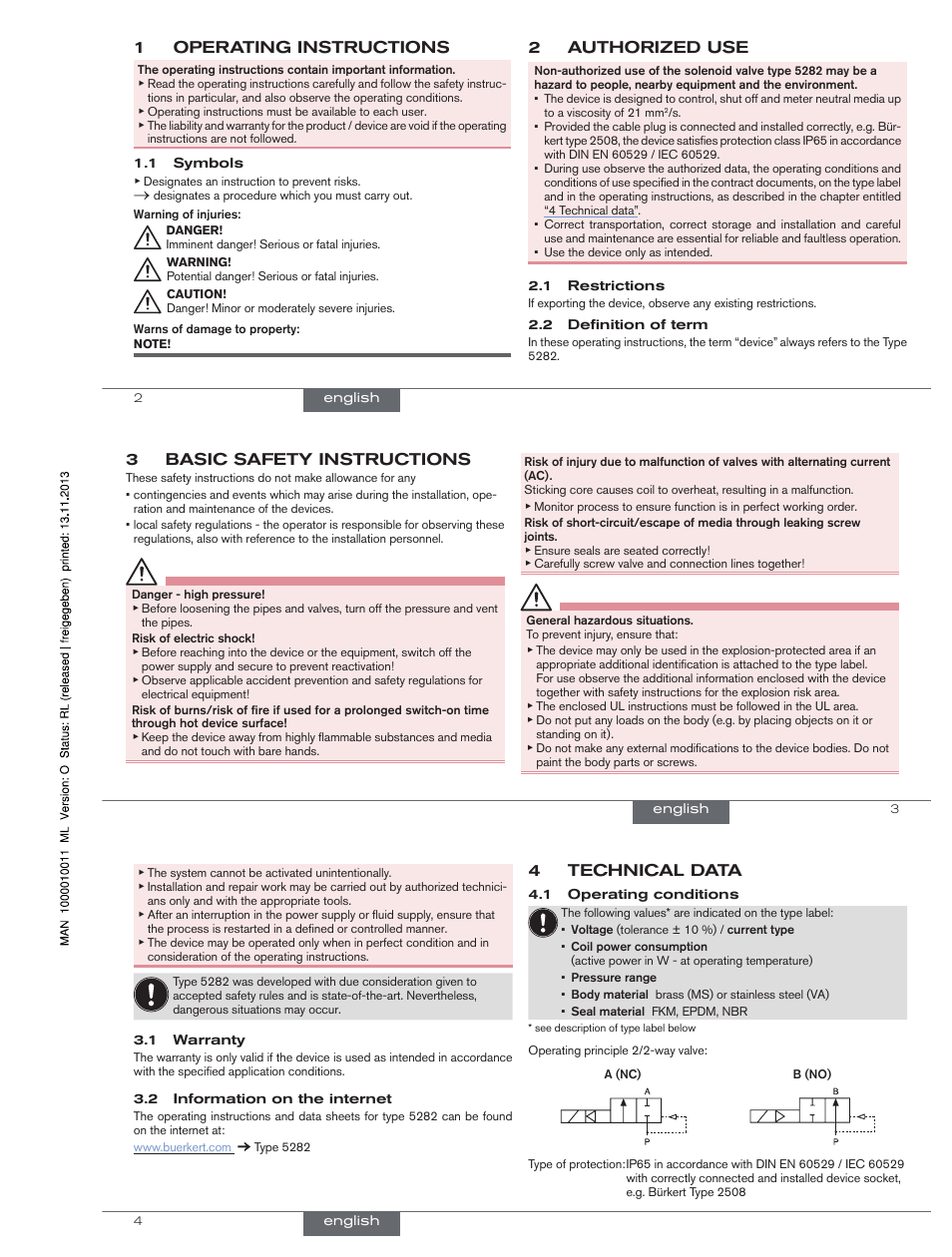 1operating instructions, 2authorized use, 3basic safety instructions | 4technical data | Burkert Type 5282 User Manual | Page 2 / 15