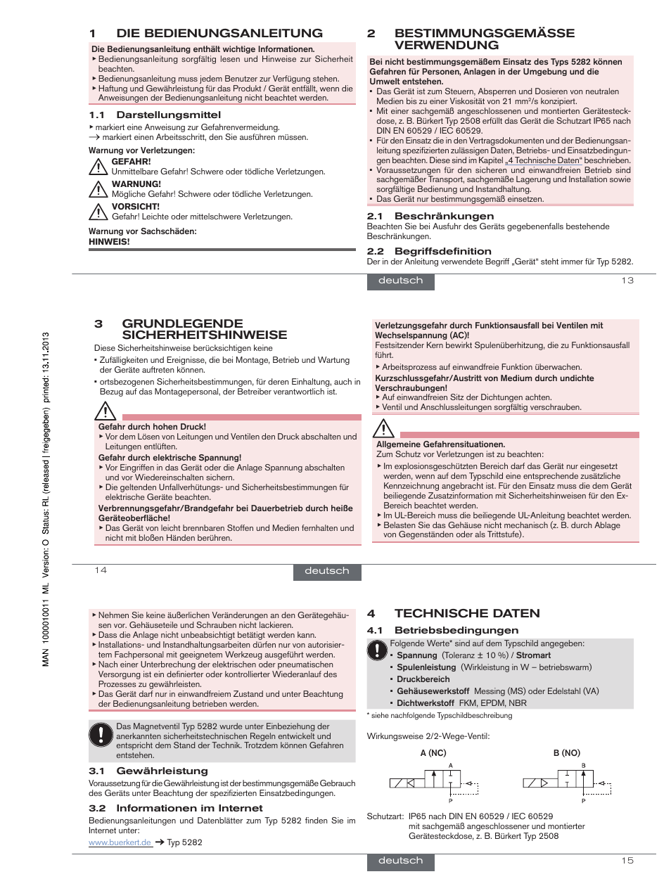 1die bedienungsanleitung, 2bestimmungsgemässe verwendung, 3grundlegende sicherheitshinweise | 4technische daten | Burkert Type 5282 User Manual | Page 7 / 15