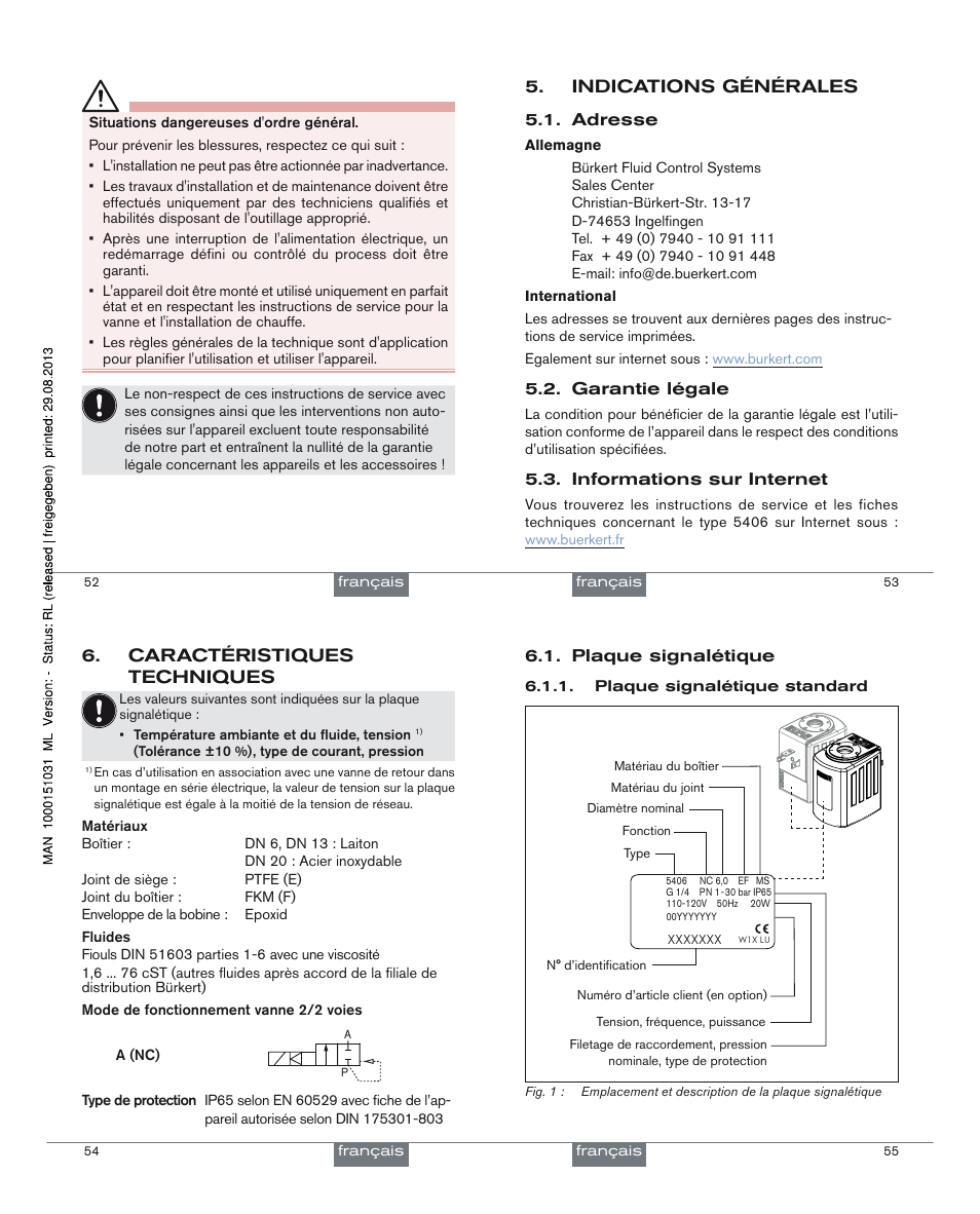 Indications générales, Caractéristiques techniques | Burkert Type 5406 User Manual | Page 15 / 18