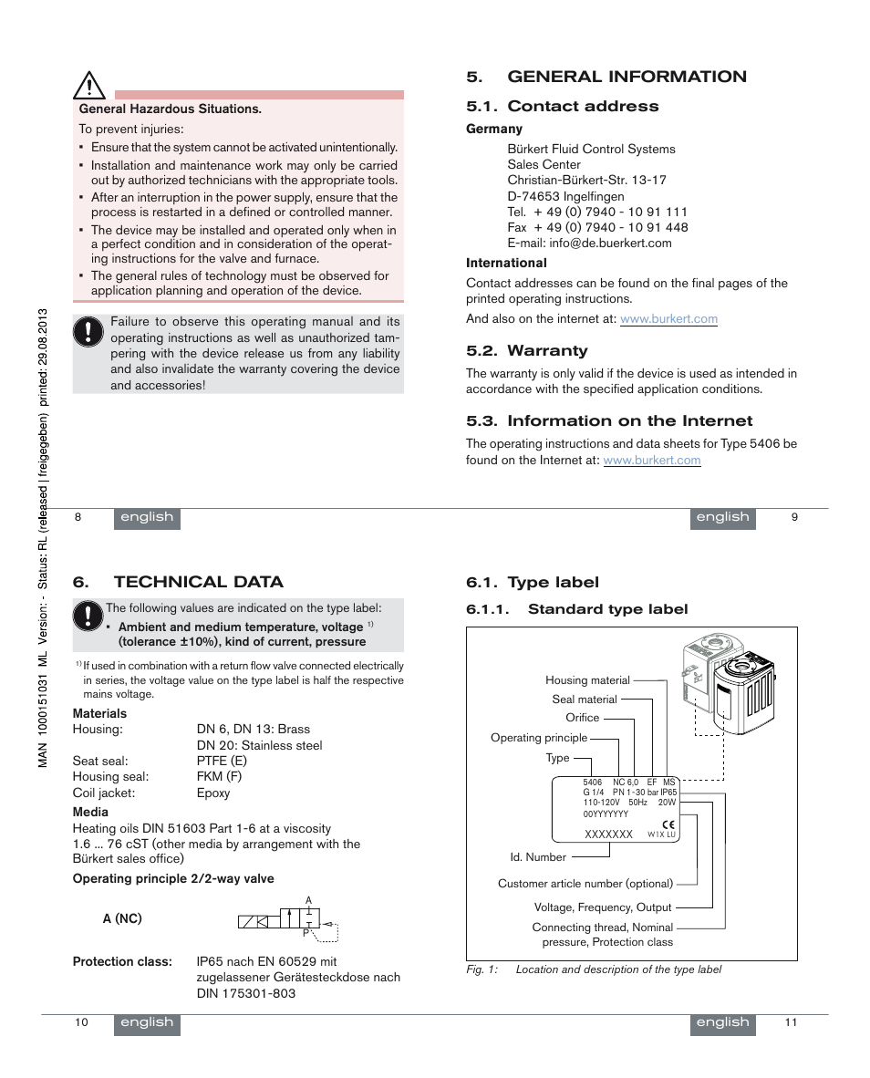 General information, Technical data | Burkert Type 5406 User Manual | Page 3 / 18