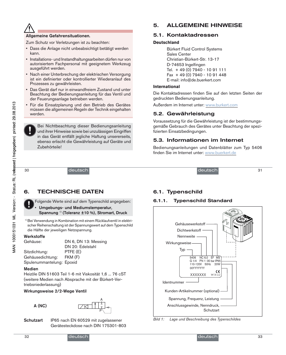 Allgemeine hinweise, Technische daten | Burkert Type 5406 User Manual | Page 9 / 18