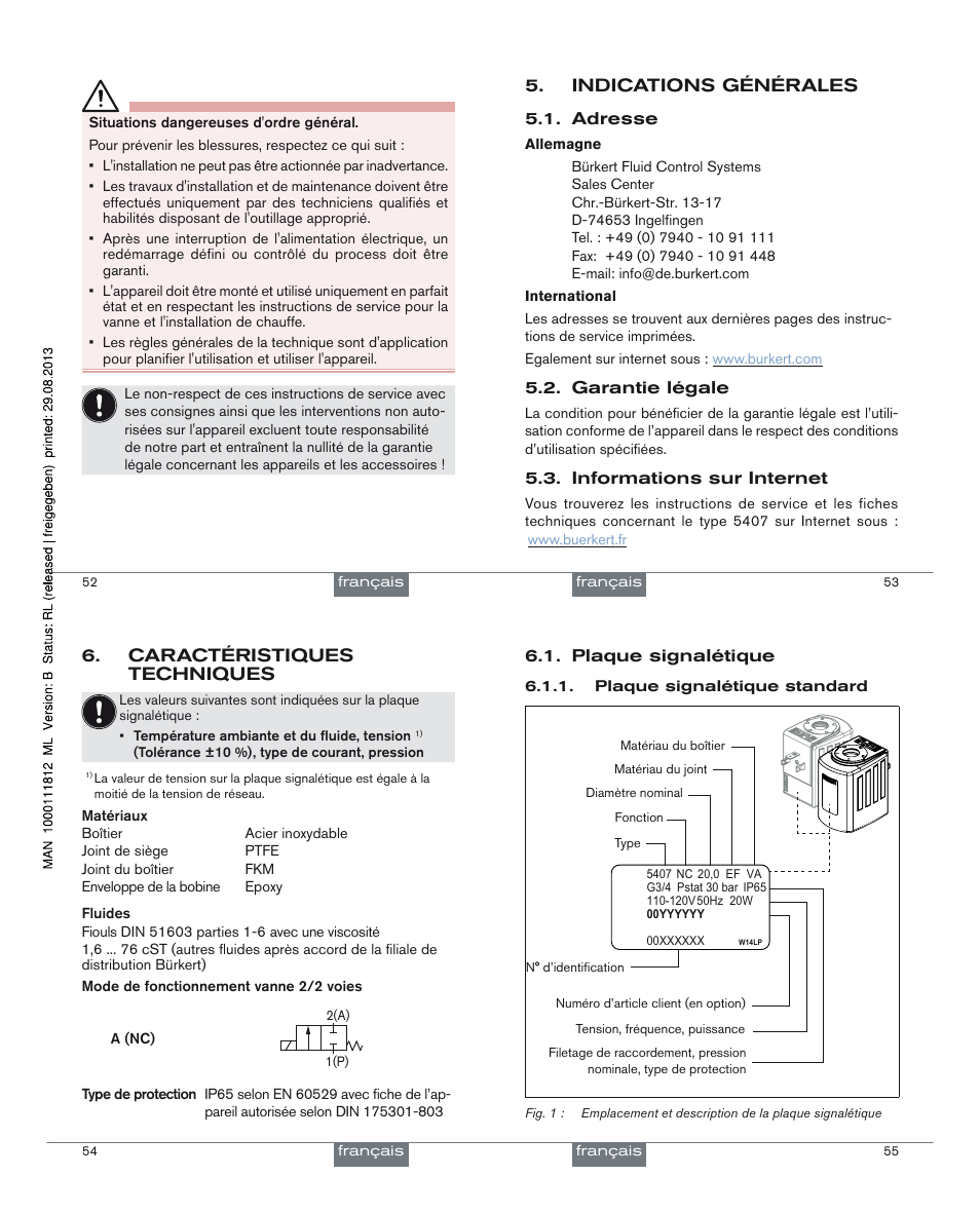 Indications générales, Caractéristiques techniques | Burkert Type 5407 User Manual | Page 15 / 18