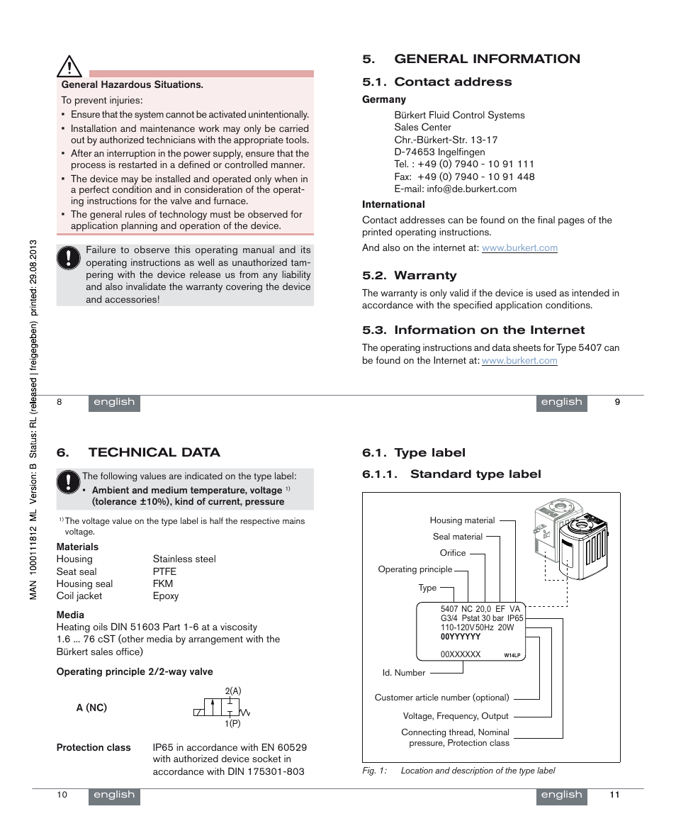 General information, Technical data | Burkert Type 5407 User Manual | Page 3 / 18