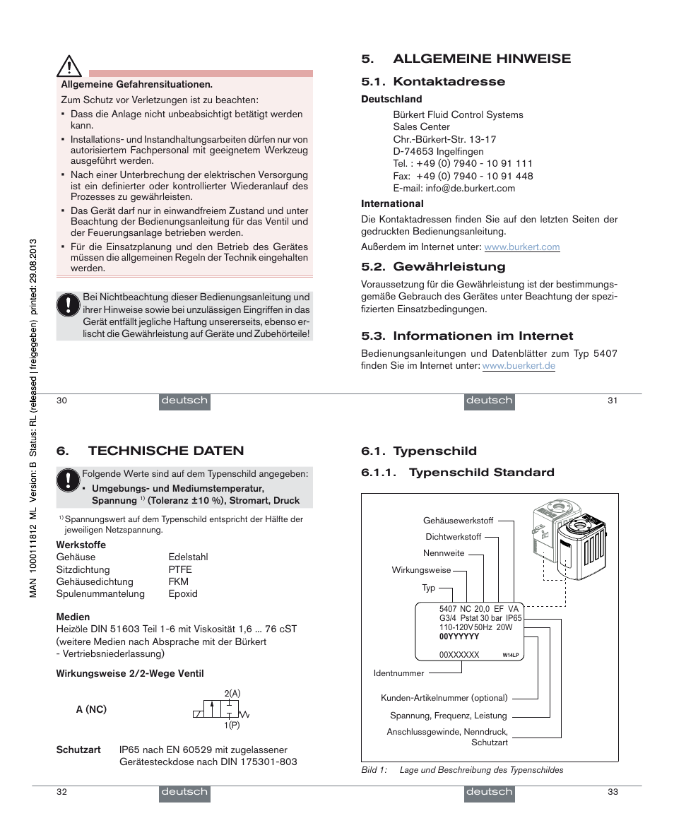 Allgemeine hinweise, Technische daten | Burkert Type 5407 User Manual | Page 9 / 18