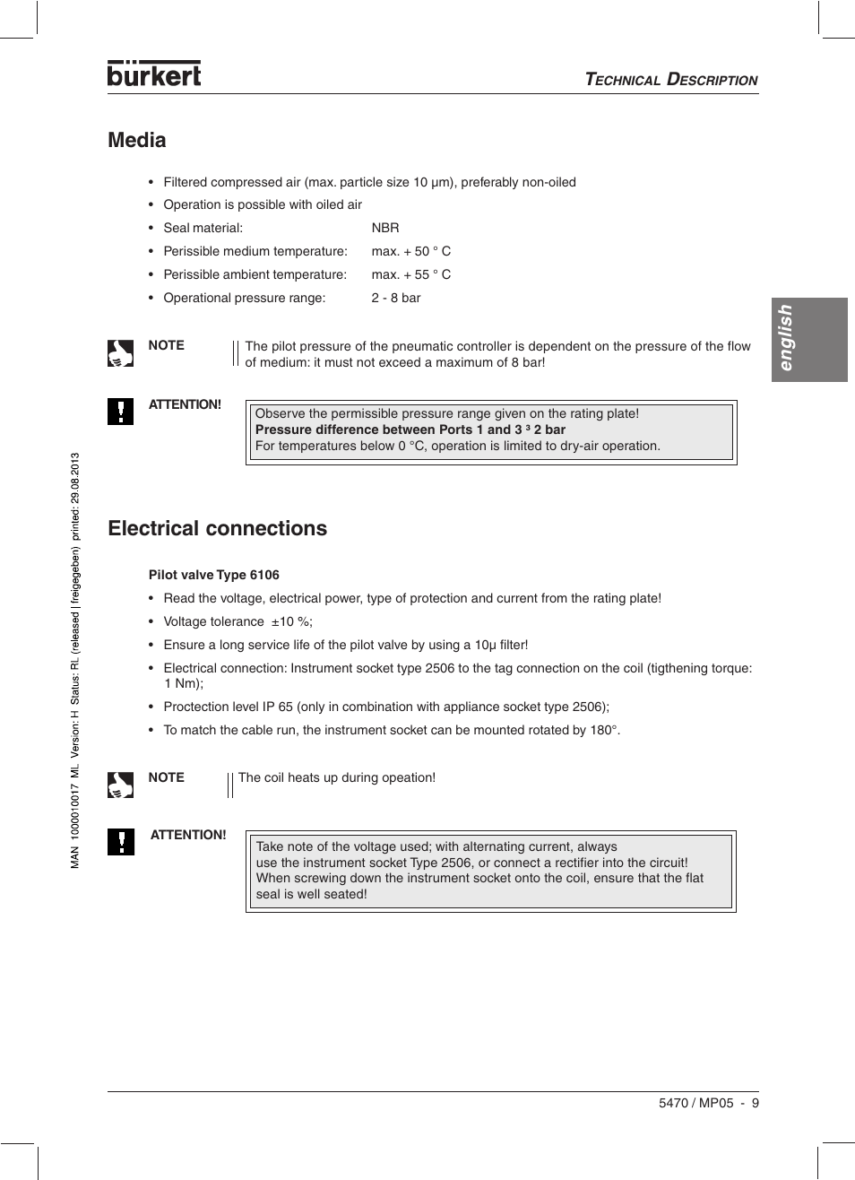 Electrical connections, Media, English | Burkert Type 5470 User Manual | Page 11 / 56