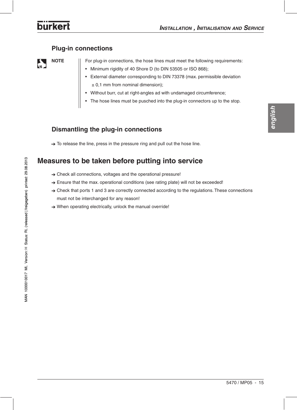 Measures to be taken before putting into service, English i, English plug-in connections | Dismantling the plug-in connections | Burkert Type 5470 User Manual | Page 17 / 56