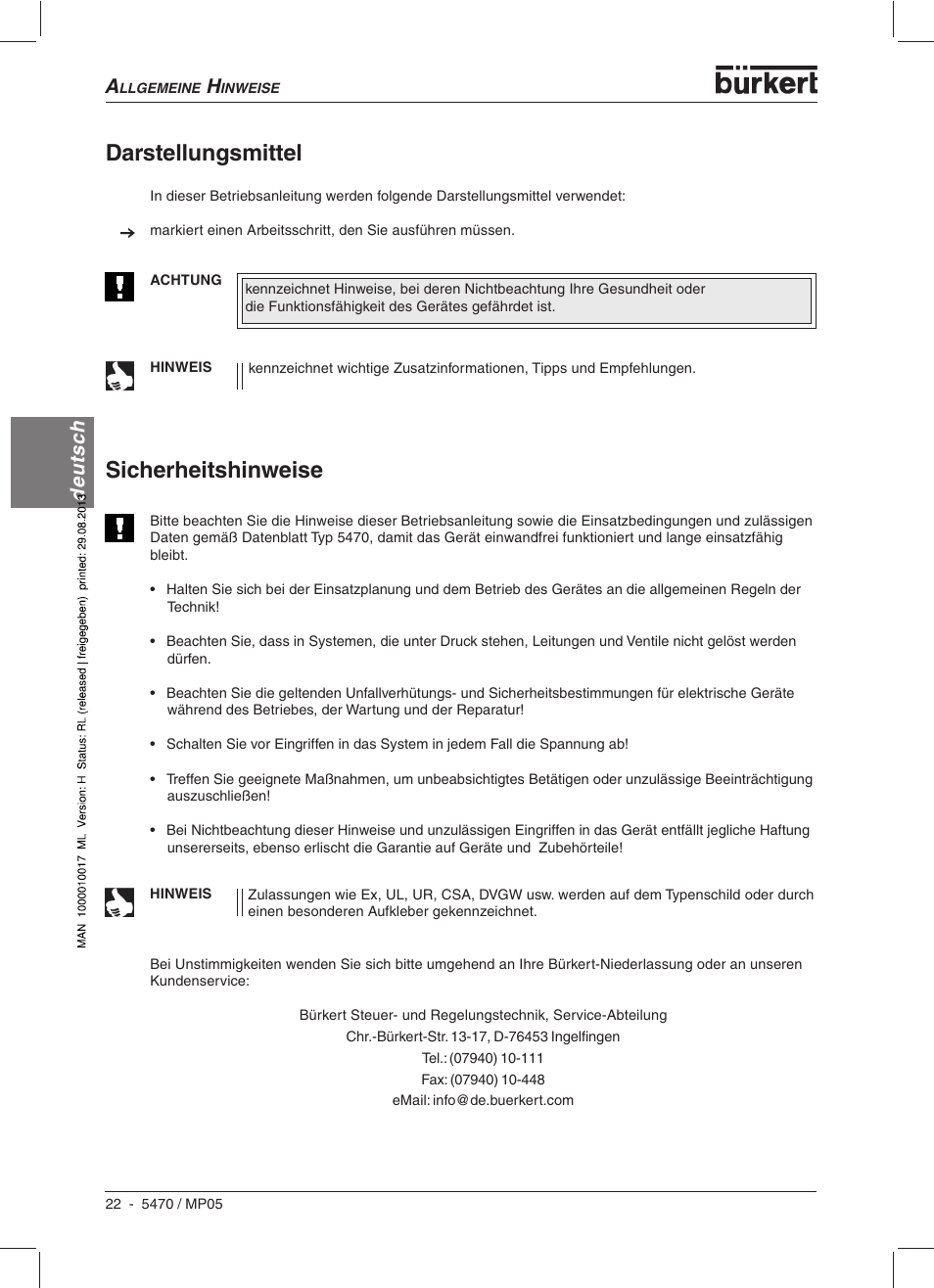 Darstellungsmittel, Sicherheitshinweise, Deutsc h deutsch | Burkert Type 5470 User Manual | Page 24 / 56