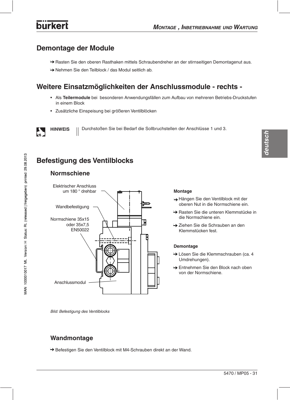 Demontage der module, Befestigung des ventilblocks, Deutsc h deutsch | Normschiene, Wandmontage | Burkert Type 5470 User Manual | Page 33 / 56