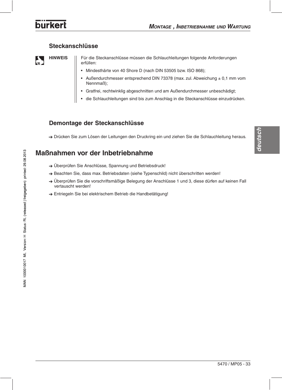 Maßnahmen vor der inbetriebnahme, Deutsc h deutsch steckanschlüsse, Demontage der steckanschlüsse | Burkert Type 5470 User Manual | Page 35 / 56