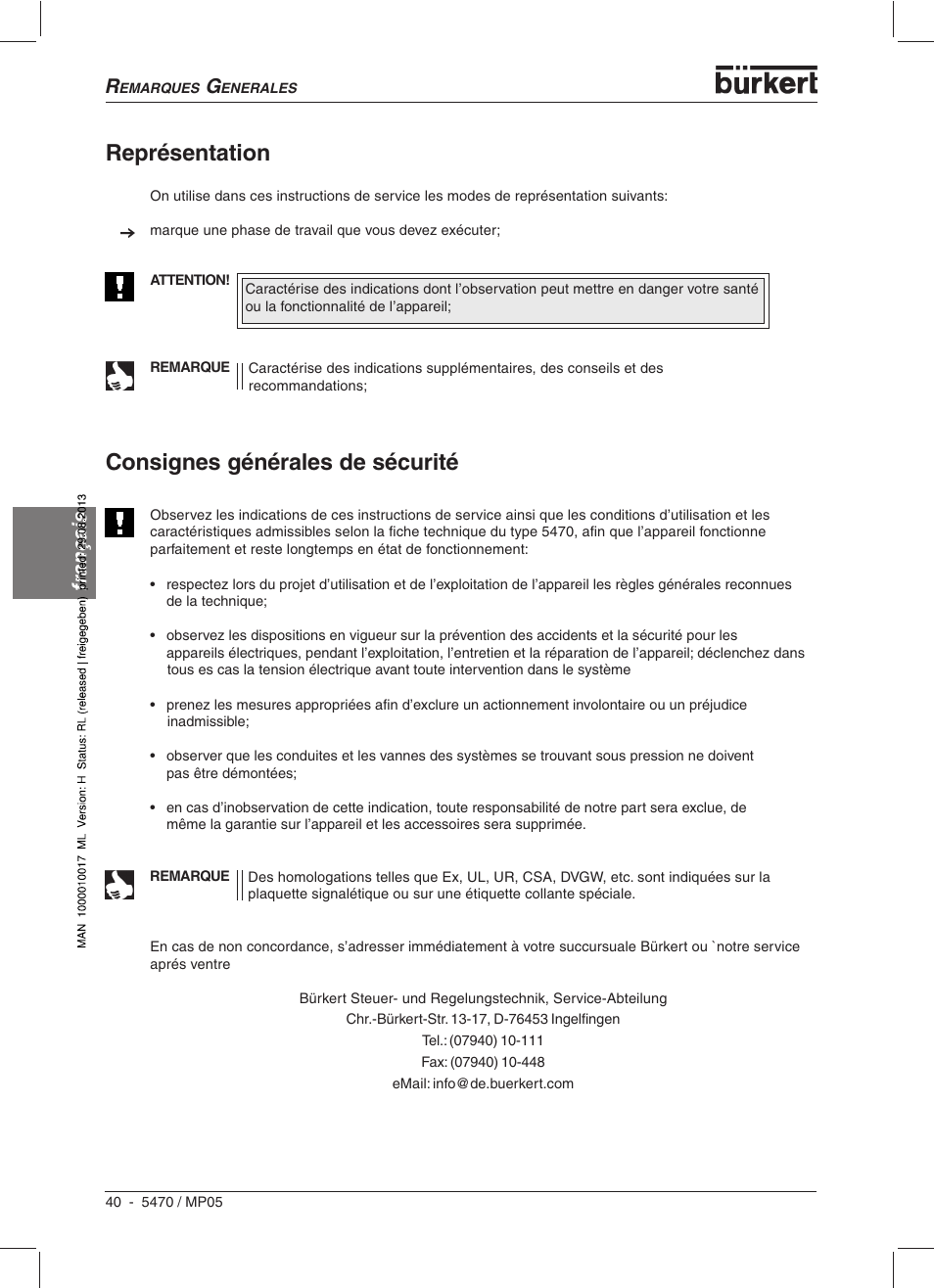 Représentation, Consignes générales de sécurité, Français | Burkert Type 5470 User Manual | Page 42 / 56