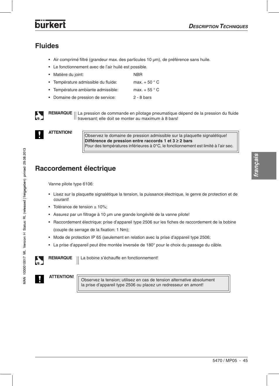 Fluides, Raccordement électrique, Français | Burkert Type 5470 User Manual | Page 47 / 56