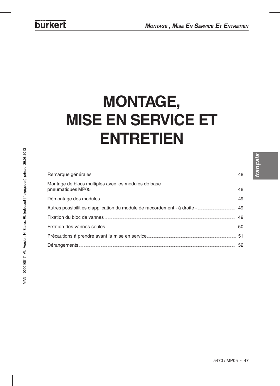 Montage, mise en service et entretien | Burkert Type 5470 User Manual | Page 49 / 56