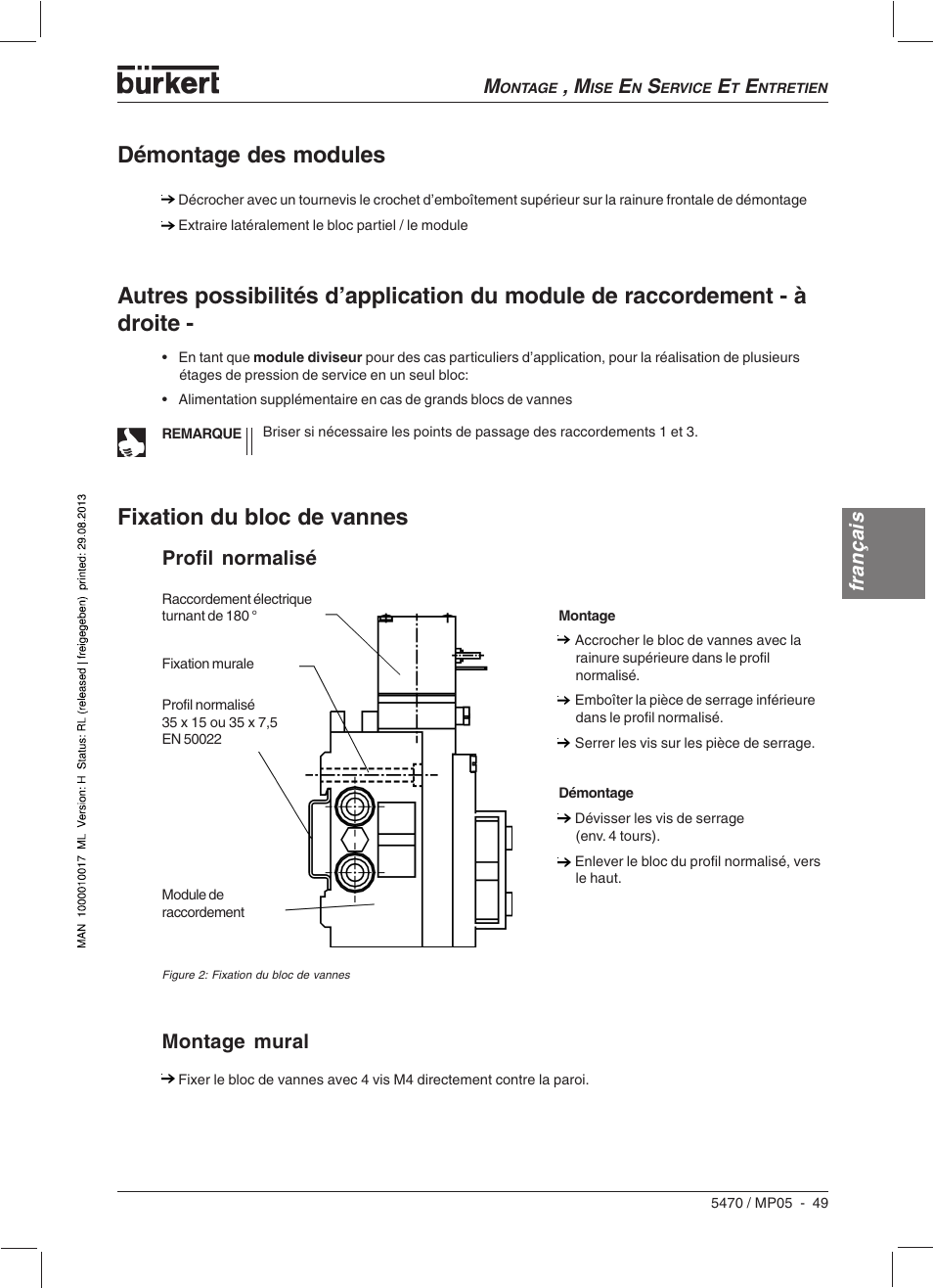 Démontage des modules, Fixation du bloc de vannes, Français m | Français, Profil normalisé, Montage mural | Burkert Type 5470 User Manual | Page 51 / 56