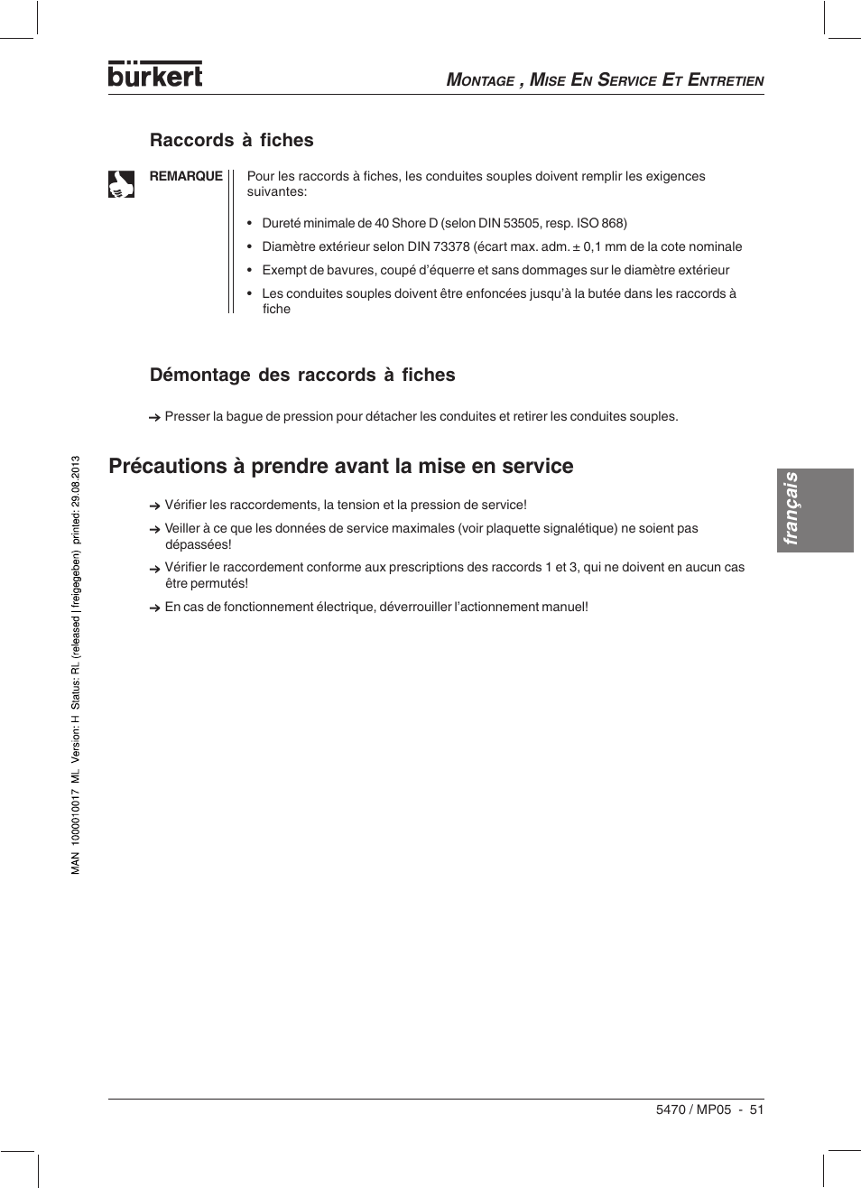 Précautions à prendre avant la mise en service, Français m, Français raccords à fiches | Démontage des raccords à fiches | Burkert Type 5470 User Manual | Page 53 / 56