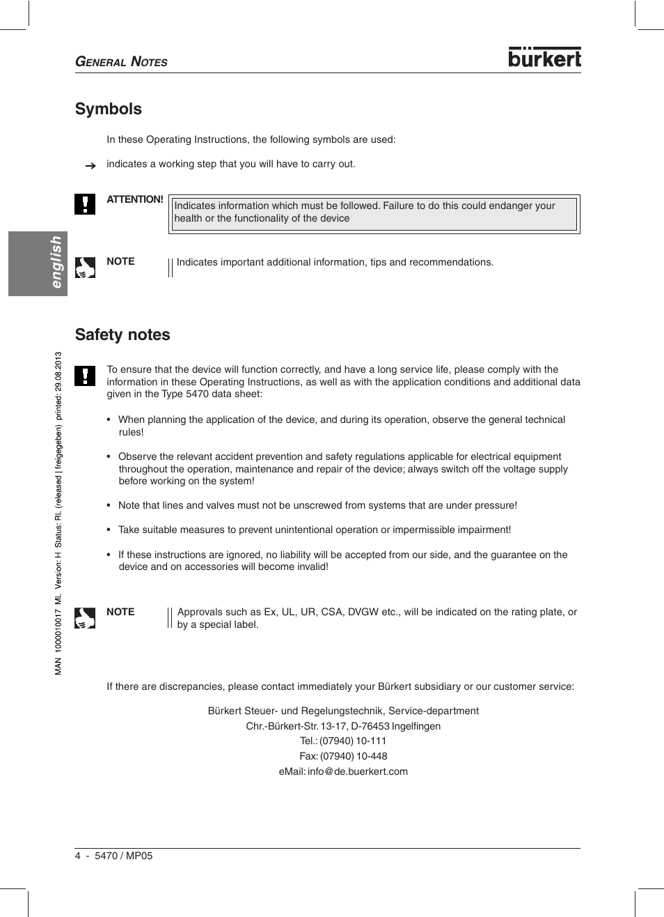 Symbols, English | Burkert Type 5470 User Manual | Page 6 / 56