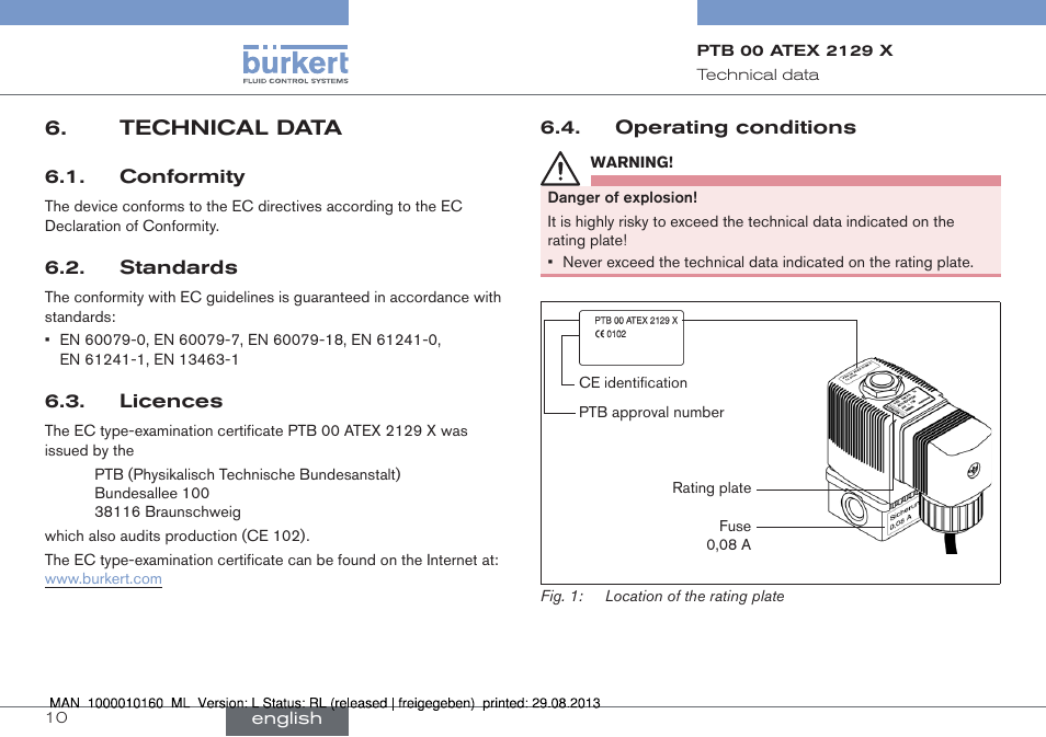 Technical data | Burkert Type 6013 User Manual | Page 10 / 46
