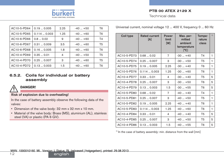 Coils for individual or battery assembly, English | Burkert Type 6013 User Manual | Page 12 / 46