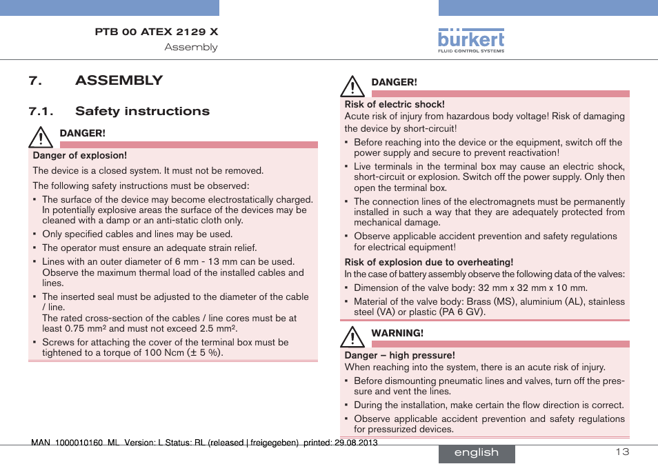 Assembly, Safety instructions | Burkert Type 6013 User Manual | Page 13 / 46