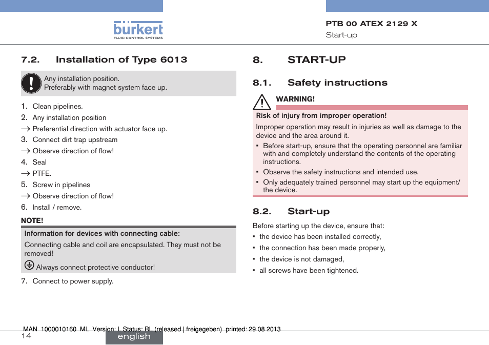 Installation of type 6013, Start-up, Safety instructions 8.2. start-up | Burkert Type 6013 User Manual | Page 14 / 46