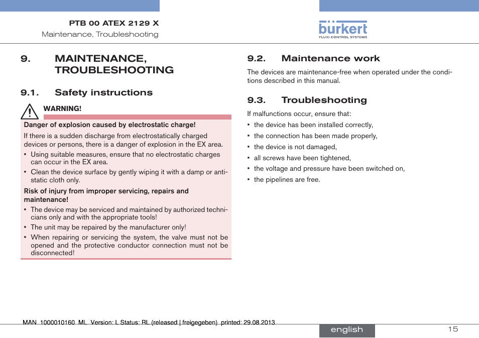 Maintenance, troubleshooting | Burkert Type 6013 User Manual | Page 15 / 46