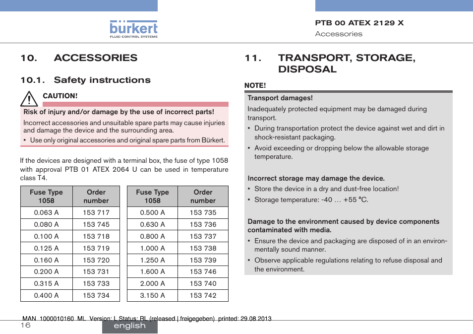 Accessories, Safety instructions, Transport, storage, disposal | Burkert Type 6013 User Manual | Page 16 / 46