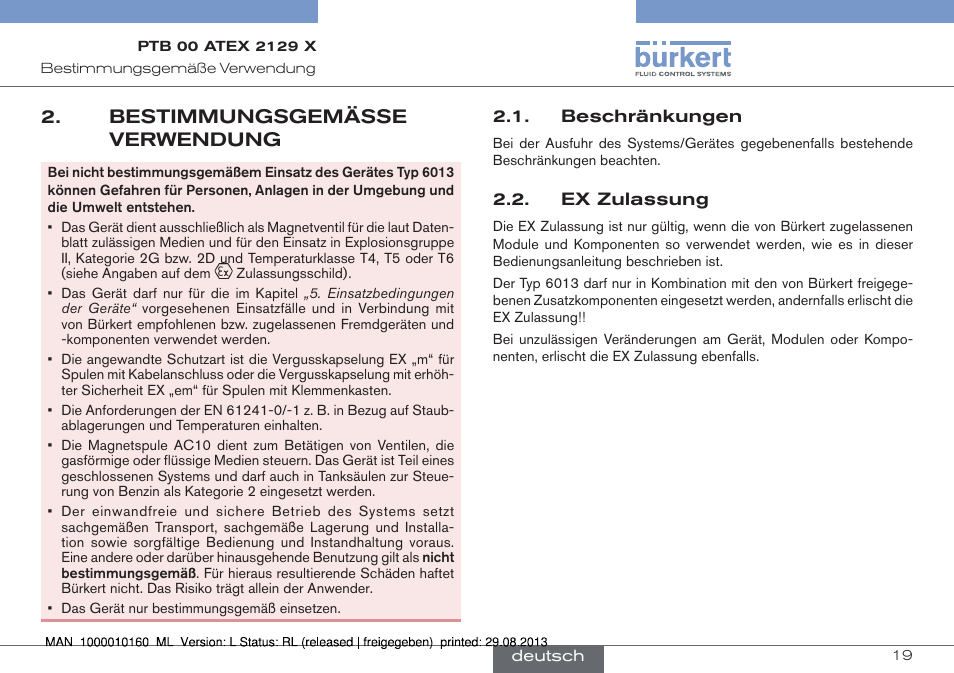 Bestimmungsgemässe verwendung, Beschränkungen 2.2. ex zulassung | Burkert Type 6013 User Manual | Page 19 / 46