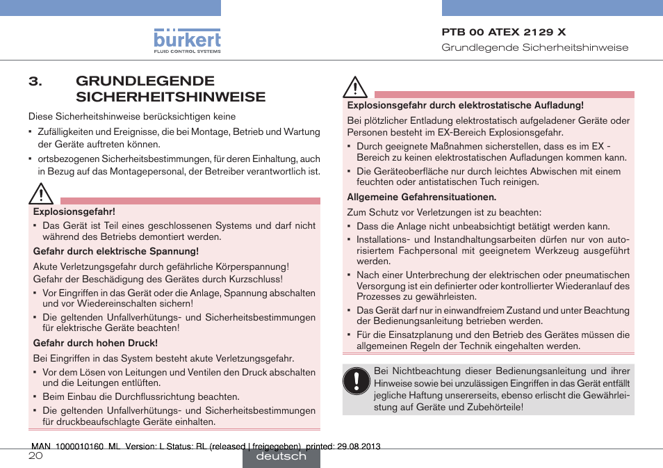 Grundlegende sicherheitshinweise | Burkert Type 6013 User Manual | Page 20 / 46