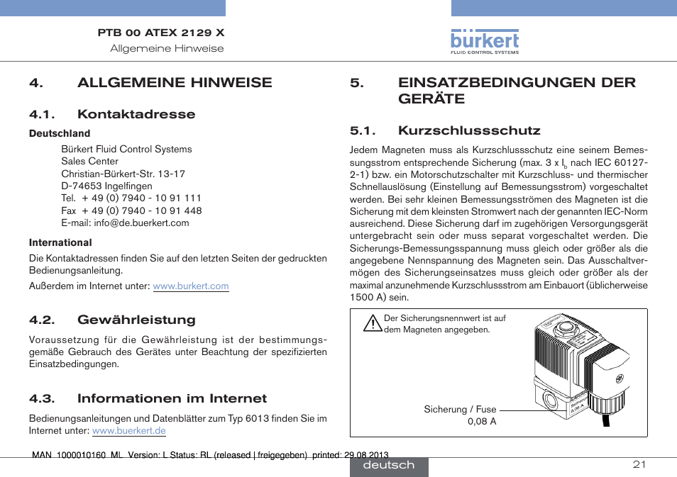 Allgemeine hinweise, Einsatzbedingungen der geräte, Kurzschlussschutz | Burkert Type 6013 User Manual | Page 21 / 46