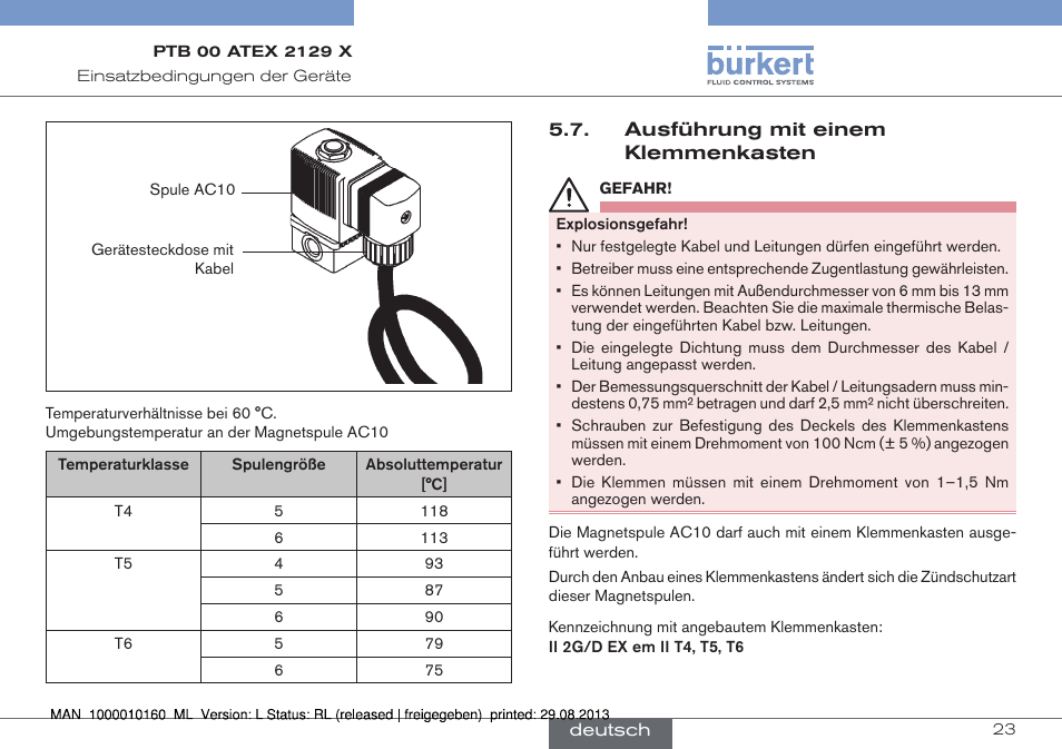 Ausführung mit einem klemmenkasten | Burkert Type 6013 User Manual | Page 23 / 46
