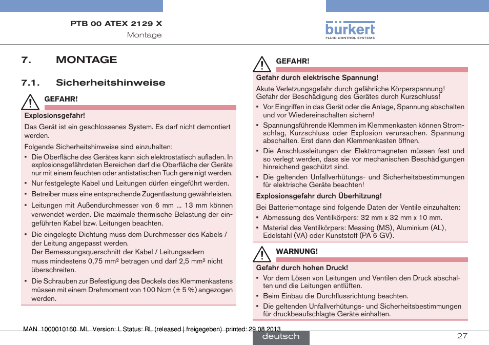 Montage, Sicherheitshinweise | Burkert Type 6013 User Manual | Page 27 / 46