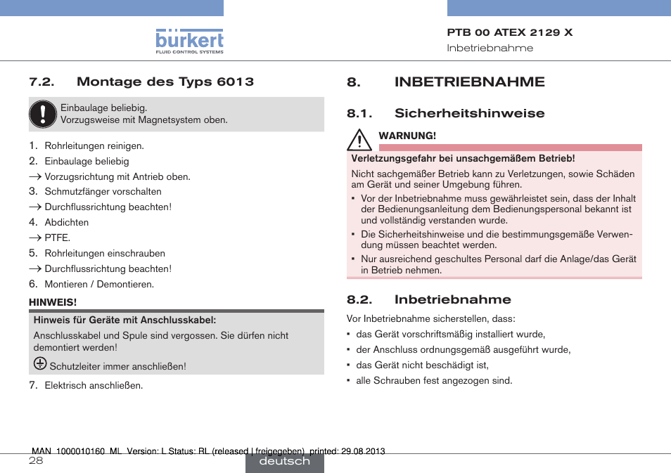 Montage des typs 6013, Inbetriebnahme, Sicherheitshinweise 8.2. inbetriebnahme | Burkert Type 6013 User Manual | Page 28 / 46