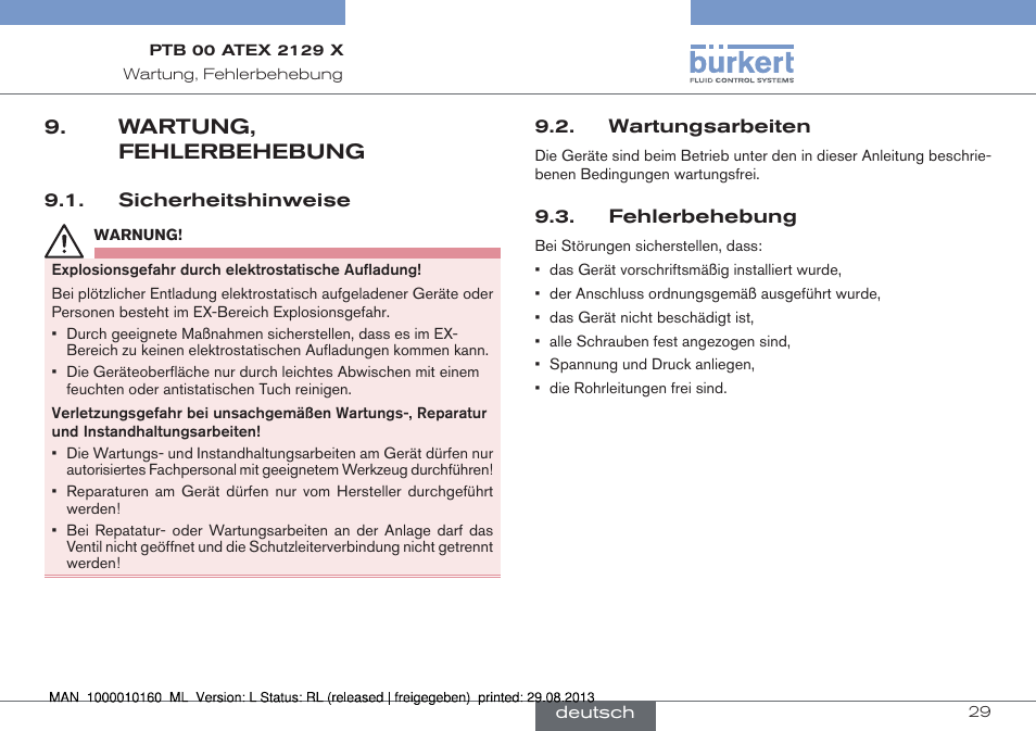 Wartung, fehlerbehebung | Burkert Type 6013 User Manual | Page 29 / 46