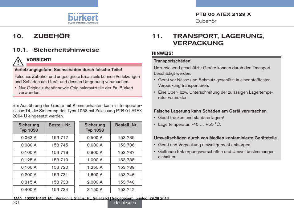 Zubehör, Sicherheitshinweise, Transport, lagerung, verpackung | Burkert Type 6013 User Manual | Page 30 / 46