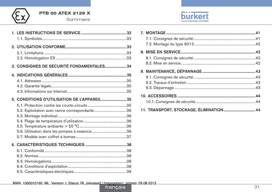 Francais | Burkert Type 6013 User Manual | Page 31 / 46