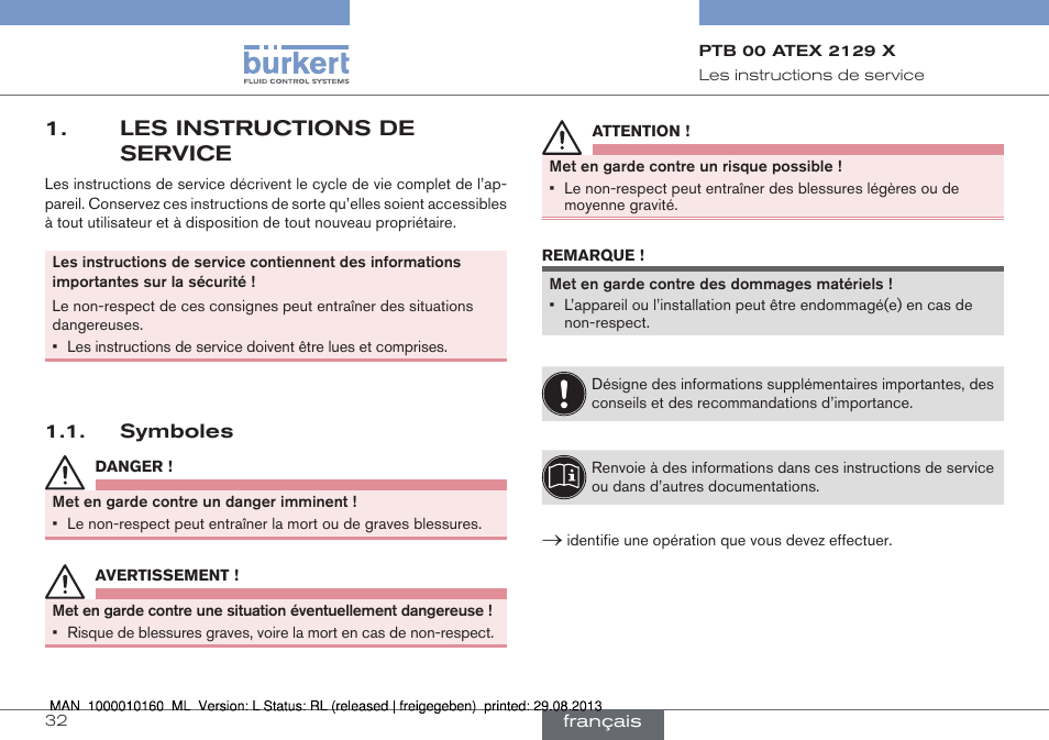 Les instructions de service, Symboles | Burkert Type 6013 User Manual | Page 32 / 46