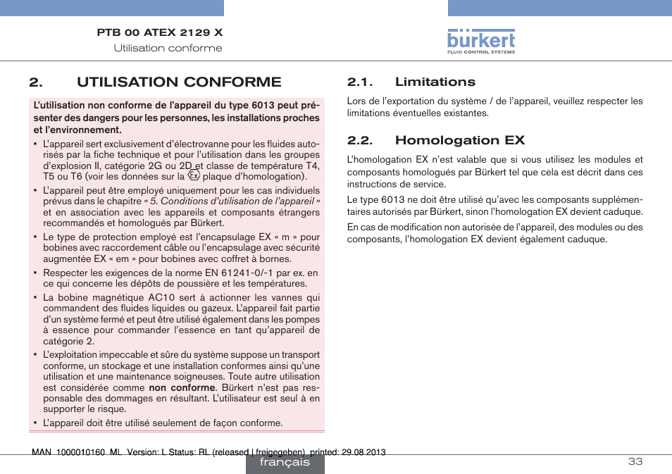 Utilisation conforme, Limitations 2.2. homologation ex | Burkert Type 6013 User Manual | Page 33 / 46