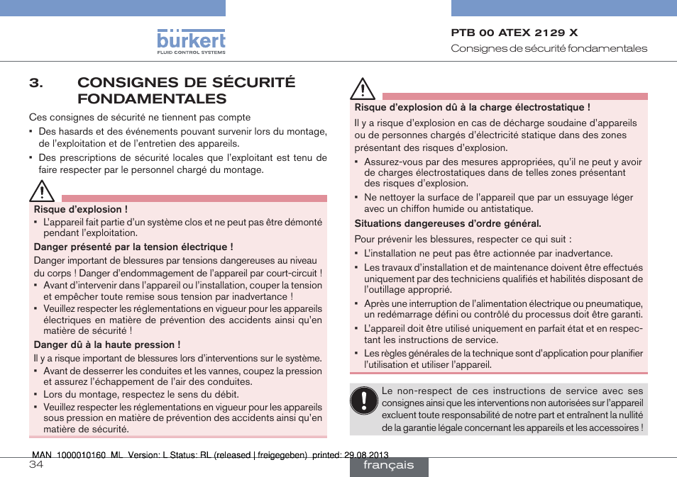 Consignes de sécurité fondamentales | Burkert Type 6013 User Manual | Page 34 / 46