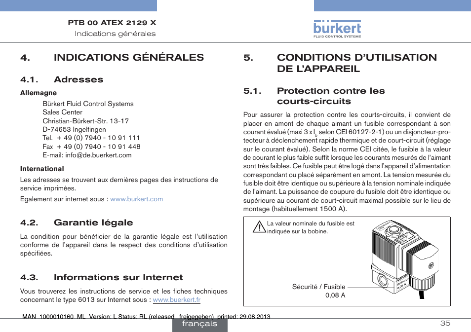 Indications générales, Conditions d’utilisation de l’appareil, Protection contre les courts-circuits | Burkert Type 6013 User Manual | Page 35 / 46